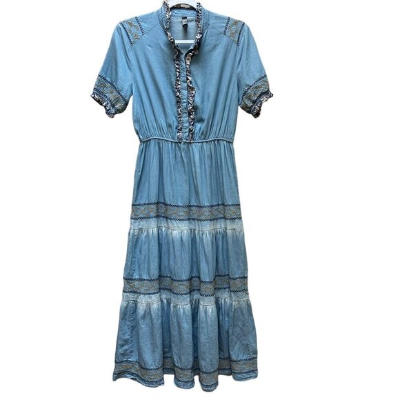 Red + Olive Bohemian Midi Dress Embroidered Details Ruffled Trim Cottage Size M - Picture 1 of 9